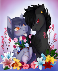 Size: 1122x1368 | Tagged: safe, artist:shady-bush, derpibooru import, oc, oc only, oc:hanae, oc:hiro, earth pony, pony, female, flower, male, mare, stallion