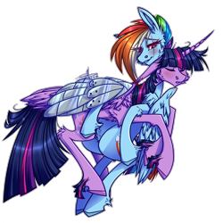 Size: 1280x1280 | Tagged: safe, artist:shimmering--sunlight, rainbow dash, twilight sparkle, twilight sparkle (alicorn), alicorn, pegasus, pony, alternate timeline, amputee, apocalypse dash, augmented, blushing, crystal war timeline, female, hug, lesbian, prosthetic limb, prosthetic wing, prosthetics, shipping, simple background, transparent background, twidash, unshorn fetlocks