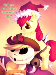 Size: 600x800 | Tagged: safe, artist:bakki, apple bloom, earth pony, pony, bipedal leaning, book, creepy, crossover, cute, duo, female, filly, hat, jack skellington, open mouth, parody, pony hat, santa hat, smiling, the nightmare before christmas, tim burton