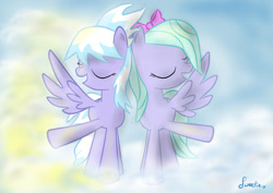 Size: 900x636 | Tagged: safe, artist:sweeterwho, cloudchaser, flitter, pegasus, pony, female, hair bow, mare, smiling, wings