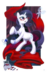 Size: 792x1224 | Tagged: safe, artist:hobbes-maxwell, rarity, pony, unicorn, fabric, female, glasses, magic, mare, rarity's glasses, rearing, scissors, sewing, solo, spool, thread