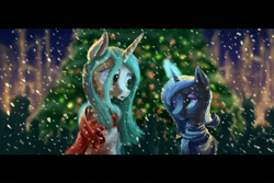 Size: 1771x1181 | Tagged: safe, artist:plainoasis, princess luna, queen chrysalis, alicorn, changeling, changeling queen, pony, christmas, christmas tree, duo, glowing horn, implied lesbian, implied shipping, looking at each other, one eye closed, reformed, s1 luna, snow, snowfall, tree, wink