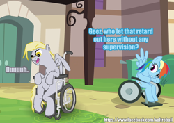 Size: 872x616 | Tagged: safe, artist:voltroball, derpy hooves, rainbow dash, pegasus, pony, ableist, drool, female, gritted teeth, handicapped, hypocrisy, mare, op is a cuck, op is trying to start shit, open mouth, retard, retarded, smiling, spread wings, vulgar, we are going to hell, wheelchair, wide eyes