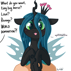 Size: 1920x1920 | Tagged: safe, artist:dsp2003, queen chrysalis, changeling, changeling queen, human, pony, 2016, alternate universe, blushing, cute, cutealis, dsp2003 is trying to murder us, female, floppy ears, holding a pony, implied fluffle puff, offscreen character, onomatopoeia, raspberry, raspberry noise, silly, style emulation, tiny ponies, tongue out, what do you want
