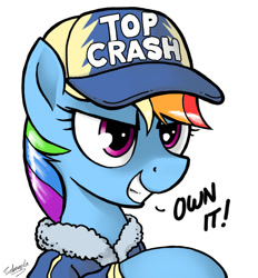 Size: 838x903 | Tagged: safe, artist:selenophile, rainbow dash, pegasus, pony, newbie dash, baseball cap, bust, clothes, coat, dialogue, female, hat, mare, portrait, rainbow crash, simple background, smiling, solo, top gun, white background