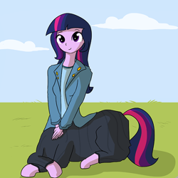 Size: 726x726 | Tagged: safe, artist:tjpones, twilight sparkle, centaur, ponytaur, equestria girls, clothes, crossed hooves, crossed legs, cute, grass, sitting, solo, twiabetes