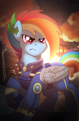 Size: 1000x1533 | Tagged: safe, artist:drawponies, rainbow dash, pegasus, pony, the cutie re-mark, alternate timeline, apocalypse dash, clothes, crystal war timeline, prosthetic limb, prosthetics, raised hoof, solo, torn ear