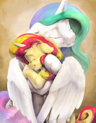 Size: 825x1050 | Tagged: safe, artist:silfoe, princess celestia, sunset shimmer, alicorn, pony, :t, cute, duo, duo female, eyes closed, female, floppy ears, forgiveness, grin, heartwarming in hindsight, hug, missing accessory, momlestia, reunion, simple background, smiling, teacher and student, the prodigal sunset, winghug