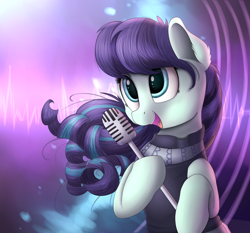 Size: 2000x1860 | Tagged: safe, artist:vanillaghosties, coloratura, earth pony, pony, the mane attraction, abstract background, clothes, ear fluff, female, mare, microphone, microphone stand, open mouth, singing, smiling, solo, windswept mane