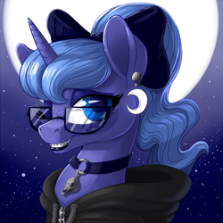 Size: 900x900 | Tagged: safe, artist:pusspuss, princess luna, alicorn, pony, bow, braces, choker, clothes, ear piercing, earring, freckles, glasses, goth, hoodie, jewelry, lipstick, looking at you, moon, night, night sky, one eye closed, patreon, patreon logo, piercing, ponytail, s1 luna, skull, smiling, solo, stars, teenager, wink