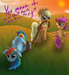 Size: 1780x1924 | Tagged: safe, artist:sonicrainboom93, applejack, rainbow dash, scootaloo, earth pony, pegasus, pony, bondage, female, filly, flying lesson, hogtied, hopeful, mare, mouth hold, pulling, rope, scootaloo can't fly, tied up