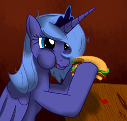 Size: 1280x1224 | Tagged: safe, artist:sonicrainboom93, princess luna, alicorn, pony, burger, eating, female, food, hamburger, mare, ponies eating meat, princess, puffy cheeks, s1 luna, solo