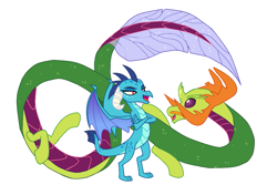 Size: 1491x1047 | Tagged: safe, derpibooru exclusive, derpibooru import, edit, editor:proto29, princess ember, thorax, changedling, changeling, dragon, hybrid, chinese dragon, dragonified, embrax, female, king thorax, male, mare, shipping, simple background, species swap, straight, transformation, white background