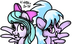 Size: 1010x619 | Tagged: safe, artist:kikirdcz, cloudchaser, flitter, pegasus, pony, female, hair bow, mare, smiling, wings