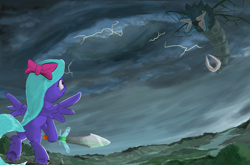 Size: 1820x1200 | Tagged: safe, artist:fanma, artist:kixalin, derpibooru import, flitter, dragon, pegasus, pony, bipedal, duo, female, flying, hair bow, hoof hold, lightning, looking up, male, mare, outdoors, scared, smiling, sword, weapon, wings