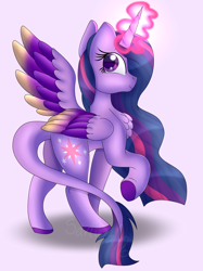 Size: 2916x3900 | Tagged: safe, artist:tomboygirl45, derpibooru import, twilight sparkle, twilight sparkle (alicorn), alicorn, pony, butt, colored wings, magic, multicolored wings, plot, simple background, solo, wings