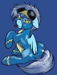 Size: 900x1172 | Tagged: dead source, safe, artist:buttercupsaiyan, oc, oc only, oc:echo the wonderbolt, pegasus, pony, blue background, clothes, female, floppy ears, goggles, heart, looking at you, looking back, mare, raised hoof, simple background, sitting, solo, spread wings, uniform, wonderbolts, wonderbolts uniform