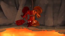 Size: 4000x2250 | Tagged: safe, artist:marsminer, oc, oc only, oc:mars miner, oc:venus spring, absurd resolution, bondage, dialogue, imminent death, lava, marspring, rope, unsexy bondage