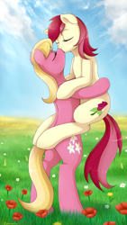 Size: 1500x2665 | Tagged: safe, artist:evomanaphy, lily, lily valley, roseluck, cloud, couple, female, flower, flower field, kissing, lesbian, roselily, shipping