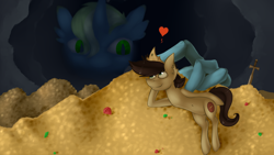 Size: 4000x2250 | Tagged: safe, artist:marsminer, oc, oc only, oc:bonfire, oc:keith, pony, absurd resolution, duo, hoard, male, size difference, smiling, stallion, sword, treasure, weapon