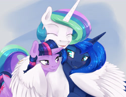 Size: 3300x2550 | Tagged: safe, artist:silfoe, princess celestia, princess luna, twilight sparkle, twilight sparkle (alicorn), alicorn, pony, bedroom eyes, blushing, cute, cutelestia, eyes closed, female, hug, lesbian, lidded eyes, looking at each other, missing accessory, royal sisters, shipping, smiling, trio, twiluna, winghug