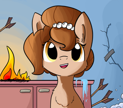 Size: 1037x907 | Tagged: safe, artist:tjpones, edit, editor:dsp2003, oc, oc only, oc:brownie bun, cute, duct tape, female, fire, kitchen, open mouth, property damage, solo, textless