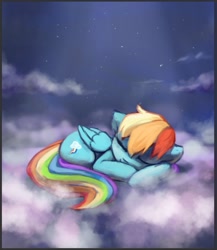 Size: 695x799 | Tagged: safe, artist:inowiseei, rainbow dash, pegasus, pony, cloud, cute, dashabetes, eyes closed, folded wings, night, prone, sleeping, solo