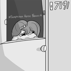 Size: 720x720 | Tagged: safe, artist:tjpones, oc, oc only, oc:brownie bun, earth pony, pony, descriptive noise, door, grayscale, horse noises, meme, monochrome, suspicious