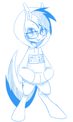 Size: 300x500 | Tagged: safe, artist:30clock, rainbow dash, pegasus, pony, bipedal, clothes, female, glasses, hoodie, mare, monochrome, pixiv, rainbow dork, simple background, solo, swag, white background