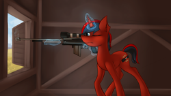 Size: 4000x2250 | Tagged: safe, artist:marsminer, oc, oc only, oc:star, absurd resolution, gun, weapon, window