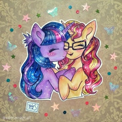 Size: 1080x1080 | Tagged: safe, artist:valeriamagicart, derpibooru import, sci-twi, sunset shimmer, twilight sparkle, pony, unicorn, blushing, boop, equestria girls ponified, eyes closed, female, glasses, lesbian, mare, noseboop, scitwishimmer, shipping, sunsetsparkle, unicorn sci-twi