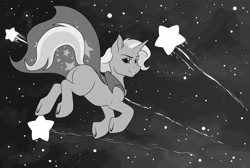 Size: 4000x2685 | Tagged: safe, artist:anadukune, derpibooru import, trixie, pony, unicorn, butt, flying, plot, smiling, stars, underhoof