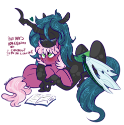 Size: 1200x1217 | Tagged: dead source, safe, artist:soft-arthropod, cheerilee, queen chrysalis, changeling, changeling queen, earth pony, pony, alternate hairstyle, blushing, cheeribetes, chryslee, crack shipping, cuddling, cute, cutealis, derpyluna daily, dialogue, female, heart, hug, lesbian, mare, missing accessory, prone, shipping, simple background, white background