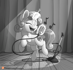 Size: 2941x2841 | Tagged: safe, artist:pusspuss, sweetie belle, pony, unicorn, belly button, black and white, cute, cutie mark, diasweetes, eyes closed, female, filly, glowing horn, grayscale, magic, microphone, monochrome, open mouth, patreon, patreon logo, singing, solo, telekinesis, the cmc's cutie marks