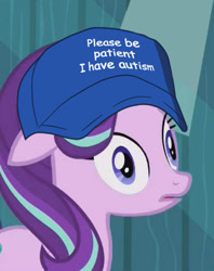 Size: 342x432 | Tagged: safe, edit, edited screencap, screencap, starlight glimmer, pony, unicorn, the crystalling, autism, cap, cropped, derp, dilated pupils, faic, female, floppy ears, frown, hat, mare, meme, open mouth, please be patient i have autism, solo, wat, wide eyes