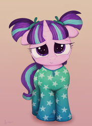 Size: 1008x1387 | Tagged: safe, artist:an-tonio, artist:transgressors-reworks, color edit, edit, starlight glimmer, pony, unicorn, clothes, colored, cute, female, filly, filly starlight glimmer, floppy ears, footed sleeper, glimmerbetes, pajamas, pigtails, smiling, solo, younger