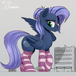 Size: 2048x2048 | Tagged: safe, artist:ncmares, oc, oc only, oc:illumina, pegasus, pony, big mare hero, bus, city, clothes, cyoa, female, giant pony, macro, mare, ncmares is trying to murder us, socks, solo, striped socks, thigh highs