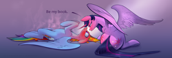 Size: 4314x1475 | Tagged: safe, artist:underpable, artist:xbi, colorist:xbi, derpibooru exclusive, derpibooru import, rainbow dash, twilight sparkle, twilight sparkle (alicorn), alicorn, pegasus, pony, blushing, blushing profusely, book, both cutie marks, dialogue, female, lesbian, looking at each other, mare, shipping, steam, sweat, that pony sure does love books, tongue out, twidash