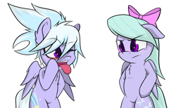 Size: 1227x754 | Tagged: safe, artist:floppychiptunes, artist:rainbro-stache, cloudchaser, flitter, pegasus, pony, akanbe, bipedal, bow, chest fluff, eyelid, eyelid pull, female, floppy ears, looking at each other, mare, siblings, simple background, sisters, taunt, tongue out, unamused, white background