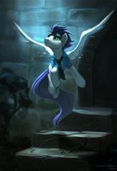 Size: 1297x1883 | Tagged: safe, artist:imalou, soarin', pegasus, pony, clothes, crying, flying, goggles, in memoriam, looking up, male, memorial, necktie, sad, shirt, solo, spread wings, stallion, wings