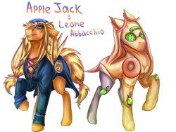 Size: 1024x768 | Tagged: safe, artist:raychelrage, derpibooru import, applejack, earth pony, pony, crossover, golden wind, jojo's bizarre adventure, leone abbachio, moody blues, raised hoof, simple background, stand, vento aureo, white background