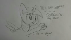 Size: 1280x720 | Tagged: safe, artist:tjpones, twilight sparkle, twilight sparkle (alicorn), alicorn, pony, black and white, burger, complaining, eating, female, food, grayscale, hay burger, lineart, mare, monochrome, pencil drawing, traditional art, twilight burgkle