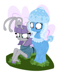 Size: 1649x2017 | Tagged: safe, artist:paskanaakka, derpibooru exclusive, maud pie, trixie, breezie, original species, breeziefied, colored hooves, female, lesbian, mauxie, mauzie, mushroom, mushroom pony, prone, shipping, shroomsie, simple background, species swap, transparent background, unshorn fetlocks