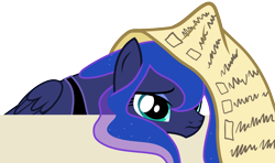 Size: 3000x1772 | Tagged: safe, artist:askometa, princess luna, alicorn, pony, a royal problem, cute, female, list, luna is not amused, lunabetes, mare, sad, sadorable, scroll, simple background, solo, transparent background, unamused, vector