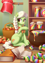 Size: 1500x2092 | Tagged: safe, artist:kyotoleopard, derpibooru import, granny smith, earth pony, pony, adorasmith, apple, basket, book, cauldron, cute, female, food, high res, jam, jar, looking at you, mare, recipe book, sitting, solo, spoon, tasting, young granny smith, younger, zap apple, zap apple jam
