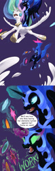 Size: 1280x3956 | Tagged: safe, artist:silfoe, nightmare moon, princess celestia, alicorn, pony, alternate universe, comic, dark magic, dialogue, duo, elements of harmony, fight, magic, moonsetmlp, sombra eyes, this will end in tears