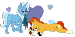 Size: 540x267 | Tagged: safe, artist:ponyships, derpibooru import, sunburst, trixie, pony, unicorn, book, female, heart, ink, inkwell, male, mouth hold, quill, shipping, sleeping, straight, trixburst