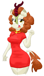 Size: 1000x1696 | Tagged: safe, artist:flutterthrash, derpibooru import, autumn blaze, anthro, kirin, awwtumn blaze, cheongsam, clothes, cute, dress, female, open mouth, simple background, solo