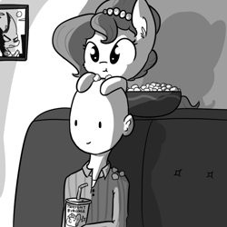 Size: 792x792 | Tagged: safe, artist:tjpones, oc, oc only, oc:brownie bun, oc:horse knife, oc:richard, earth pony, human, pony, horse wife, cheek fluff, cute, ear fluff, eating, female, food, grayscale, human male, male, mare, monochrome, movie night, pony hat, popcorn, twilight burgkle