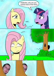 Size: 752x1063 | Tagged: safe, artist:sonikku001, edit, fluttershy, twilight sparkle, pegasus, pony, brony stereotype, meme, neckbeard, open mouth, scared, stalker, tree, wavy mouth, wide eyes